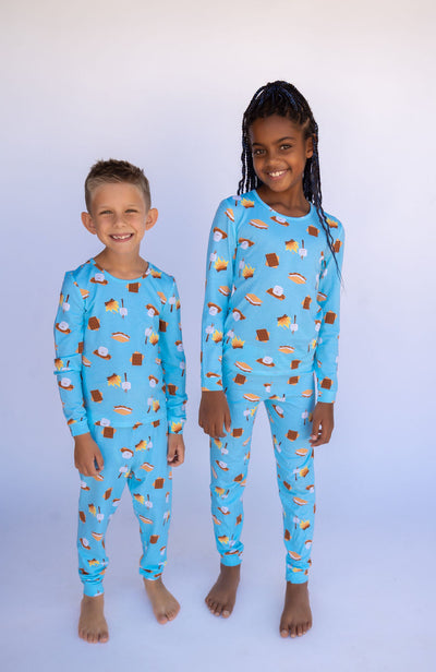 Boy and girl in Blue Smores PJs